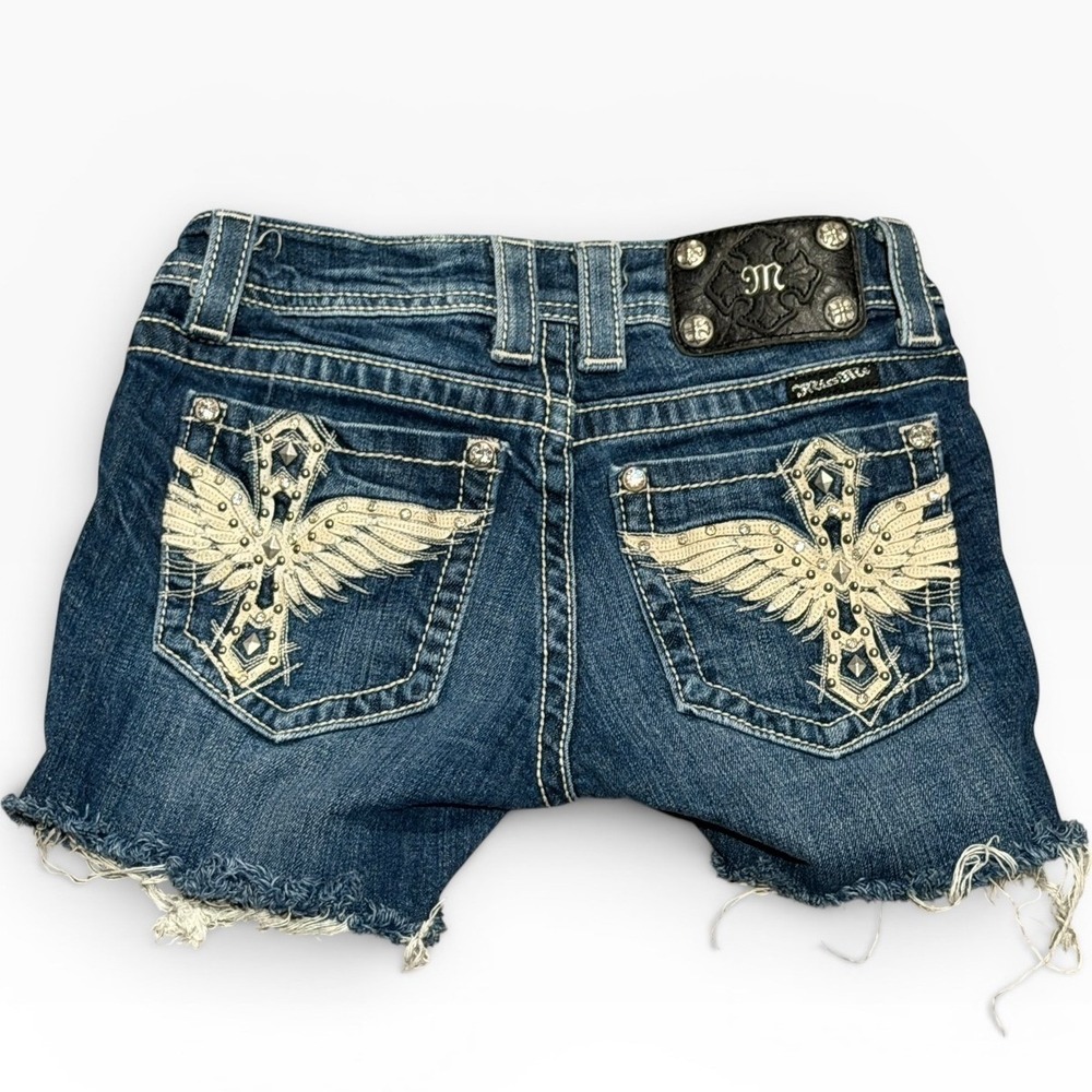 Miss Me Angel Wings Cross Bling Distressed Denim Low Rise Y2K Bermuda Shorts 25